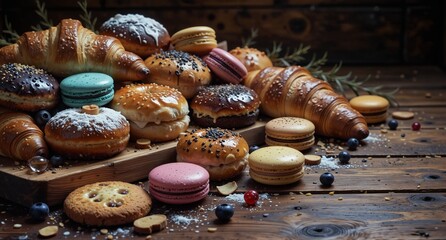 delicious assortment of glazed donuts, croissants, and colorful macarons on rustic wood background.