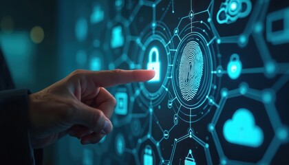 Man uses finger for biometric identification scan. Digital fingerprint verifies identity for secure access. Cybersecurity technology protects data and privacy with locked padlock.