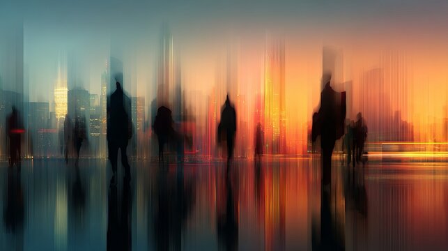 Dynamic city scene with blurred people walking against a vibrant skyline at dusk, evoking urban energy and movement, ideal for modern business visuals