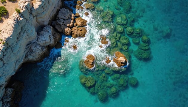 Aerial view of a rocky coastline with clear turquoise water. Waves crash against submerged rocks and cliffs. Sun illuminates the beautiful Mediterranean seascape. - Powered by Adobe