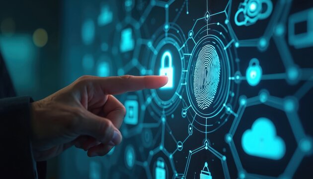 Man uses finger for biometric identification scan. Digital fingerprint verifies identity for secure access. Cybersecurity technology protects data and privacy with locked padlock.