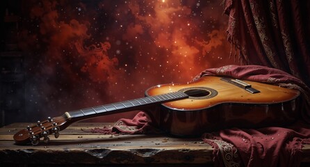 classic guitar resting on a rustic wooden table with dramatic red curtain and bokeh lights background.