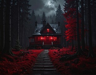 Eerie cabin glows in moonlit forest, red foliage path