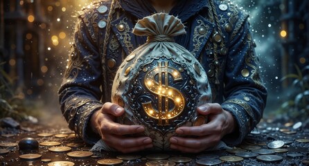 hands holding a glowing dollar sign treasure pouch over gold coins, wealth and fortune concept.