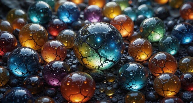 colorful glass marbles with water droplets scattered on a dark surface, creating a vibrant and textured macro shot. - Powered by Adobe