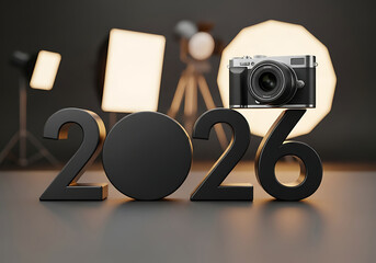 Capture the Future Stylishly A modern camera rests atop bold 2026 numerals ready for your creative projects and marketing campaigns with a futuristic vibe