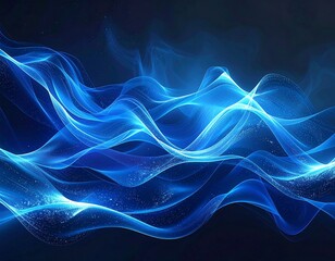 Flowing, luminescent, blue and white curves cascade across a dark background. Subtle speckles add depth