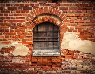 Aged brick facade with arched window and weathered wooden bars