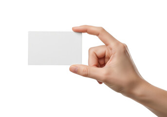 Obraz premium Hand holding a blank white business card or small rectangular paper mockup against a clean transparent background, perfect for copy space