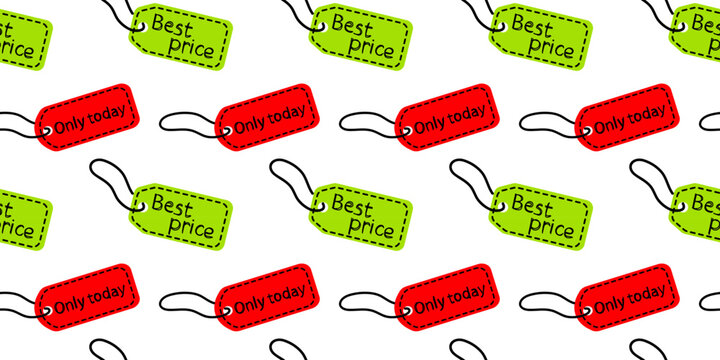 Colorful discount tags with messages about best prices and limited time offers for promotions