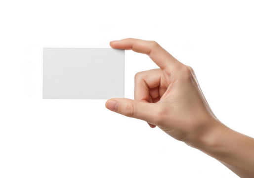 Hand holding a blank white business card or small rectangular paper mockup against a clean transparent background, perfect for copy space
