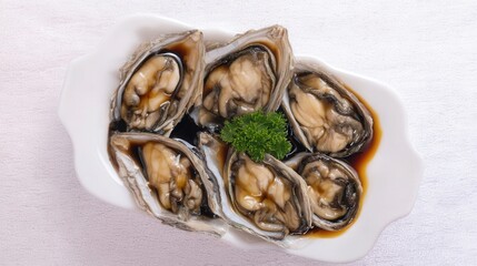 Fresh oysters in shells with sauce on white background isolated. Generative AI