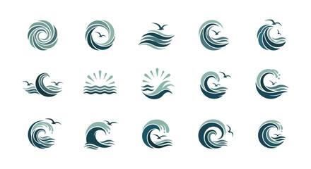A conceptual collection of stylized ocean wave and sea storm symbols for logos