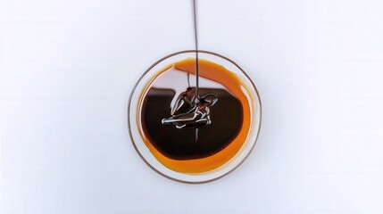 Dark syrup pour in glass dish on white isolated background. Generative AI