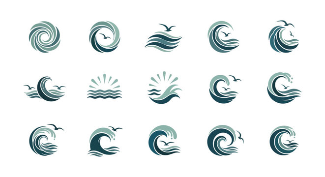 A conceptual collection of stylized ocean wave and sea storm symbols for logos