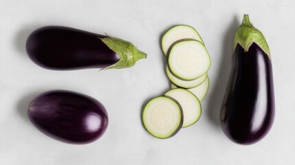 Fresh raw eggplants and sliced eggplant isolated on white background. Generative AI