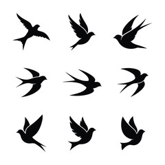 Set of flying birds sign. Dark silhouettes isolated on white