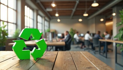 Green recycle symbol sits on wooden table in modern office. People work at desks in background promoting eco friendly office practices and sustainability concepts.