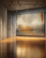 Bright modern gallery loft with concrete ceiling, large abstract painting, steel-frame windows and polished wood floor