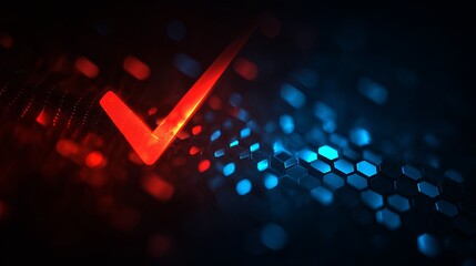 Modern digital red check mark over sleek blue honeycomb grid, signifying approval, success, and cutting edge technology with vibrant contrast
