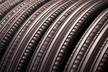 close-up steel cable pipes with spiral texture arranged in coiled rows for industrial use