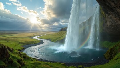 Naklejka premium Dramatic Icelandic waterfall displays brilliant rainbow against cloudy sky. Water cascades down mossy rocks into serene green valley. Sunlight beams through clouds creating magical atmosphere in