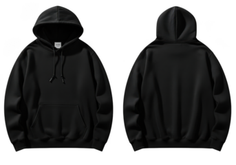 Front and back view of a plain black pullover hoodie sweatshirt with drawstring and kangaroo pocket, isolated on transparent background