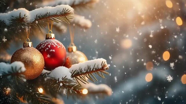 Snowy Christmas background with ornaments resting on pine branches, light snowfall, soft warm lighting, gentle loop