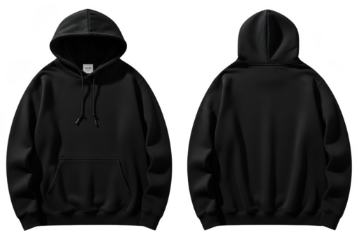 Front and back view of a plain black pullover hoodie sweatshirt with drawstring and kangaroo pocket, isolated on transparent background