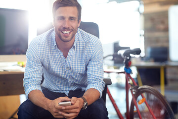 Marketing, portrait or man in office with smile, career pride or job goals in creative agency. Confidence, about us or director in branding firm with happiness, work and experience as media planner.