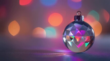 Minimalistic background with a single crystal ornament reflecting multicolored lights, soft bokeh and smooth looping motion - Powered by Adobe