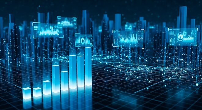 Abstract digital city with glowing data charts and graphs representing business growth and technological advancement in a modern 
