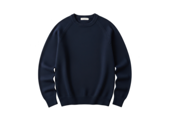 Classic navy blue crew neck knit sweater for men, isolated on transparent background, perfect for fashion catalog or ecommerce presentation