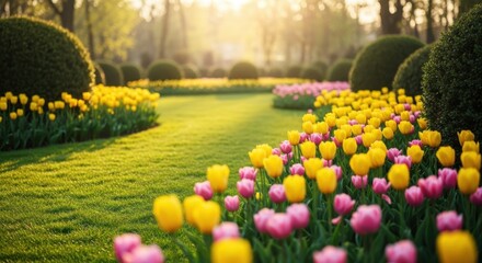 Sunlit garden path lined with vibrant yellow and pink tulips