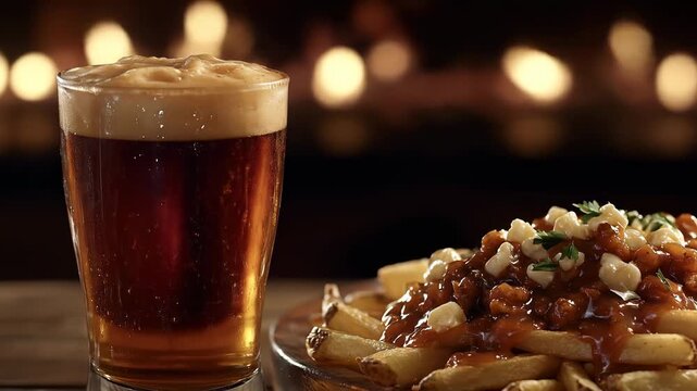 Beer and poutine at dimly lit location with bokeh lights in background
