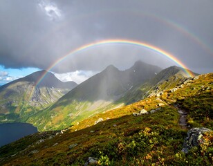 Double rainbow arches over misty mountain peaks and a deep blue lake.