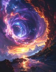 Fototapeta premium Swirling nebula surrounds a serene sunset over a reflective water body.