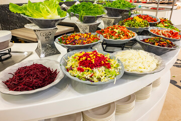 Mediterranean cuisine, olive oil, healthy and delicious  salad varieties with green vegetables.Vegetarian and vegan healty food, open buffet in a luxury hotel. Meze varieties, salad bar.