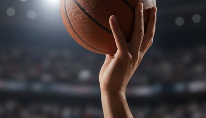A raised hand holding a basketball in a crowded arena during an intense game moment. This scene can reflect ambition sport tradition and public energy during competitive events