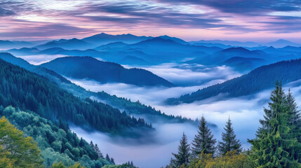 Obraz premium Misty mountain landscape with dense evergreen forest, rolling hills, and dramatic sunrise sky, creating tranquil and serene atmosphere in wilderness