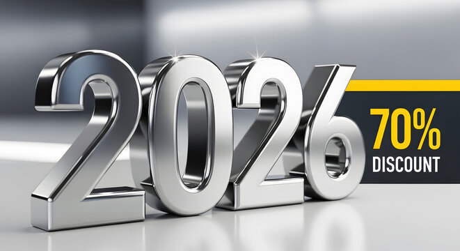 3D Silver Numbers 2026 With 70% Discount Offer On A Dark Background With Yellow Accent new year