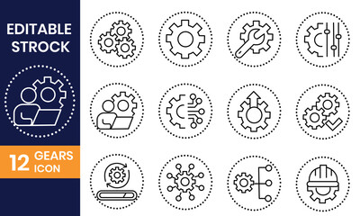 Gears icon set isolated on, featuring editable stroke, perfect for illustrating mechanical processes and engineering concepts