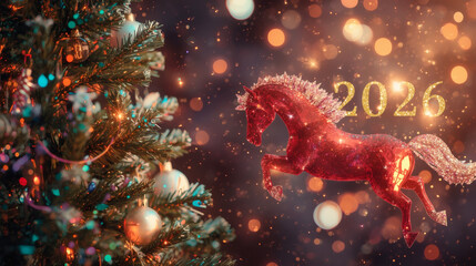The symbol of the year is the red fire horse. We wish you a Happy New Year 2026. A luxurious poster or banner for your party and New Year's Eve.