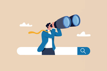Businessman with binoculars above search bar  symbolizing search, vision, future, strategy, and digital discovery. © Design gallery