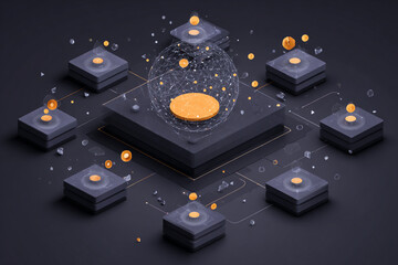 Modern data network visualization with connected nodes and digital sphere, ideal for technology presentations, futuristic designs, and innovative business concepts