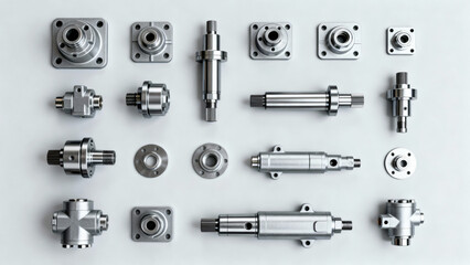 Obraz premium Detailed Arrangement of Industrial Metal Components and Machinery Parts on Gray Background