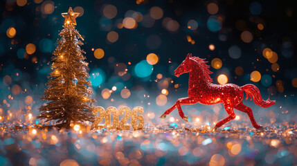 The symbol of the year is the red fire horse. We wish you a Happy New Year 2026. A luxurious poster or banner for your party and New Year's Eve.