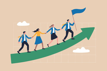 Business team walking up a green growth arrow, led by a man holding a flag, symbolizing leadership, progress, and collective success.