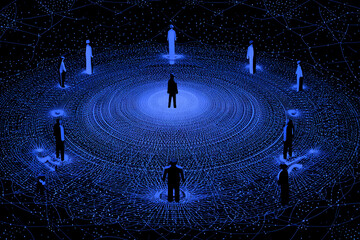 Futuristic network connecting silhouettes of people in a digital world, symbolizing global communication, technology partnerships, and innovative collaboration concepts