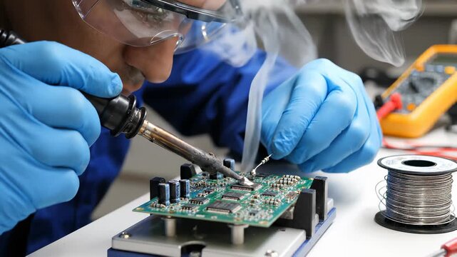 Engineer meticulously assembles electronic components, exemplifying technological innovation, precision, attention to detail, and dedication, showcasing an engineer at work in a 4K UHD close up.